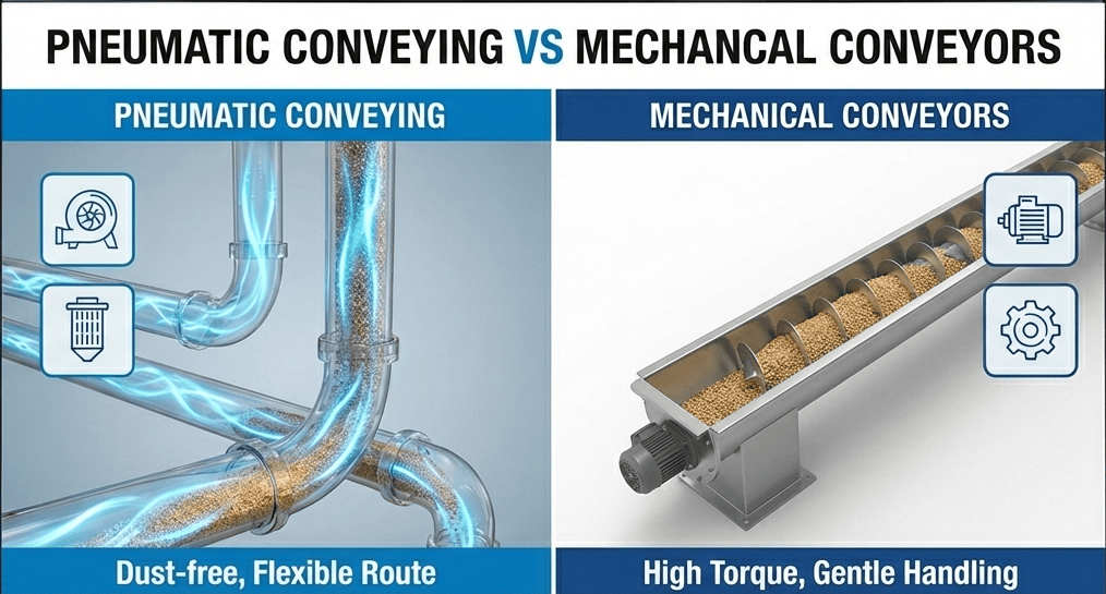 Comparison between pneumatic conveying system and mechanical conveyor showing material handling methods